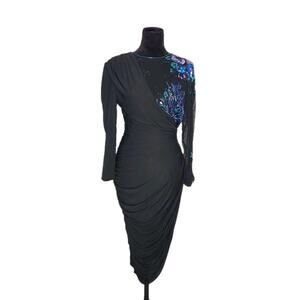 VTG 80s Casadei Dress Sequins Black Cocktail Asymmetrical Ruched Sheer Side Sz M